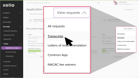 Educator account in Xello, on the Application manager page. The "View requests" dropdown is highlighted and the cursor is clicking Transcripts.